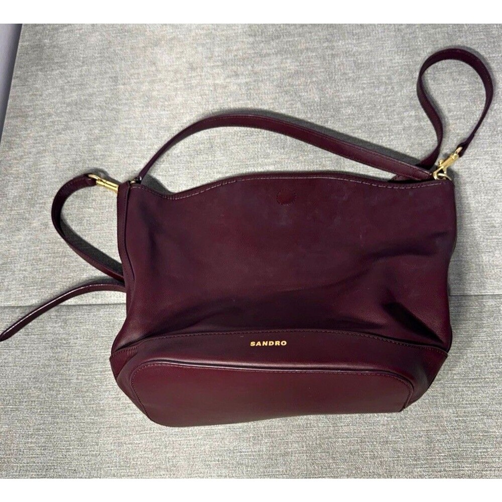 Sandro Burgundy Shoulder Bag Medium Gold Hardware Detachable Strap Inner Pockets